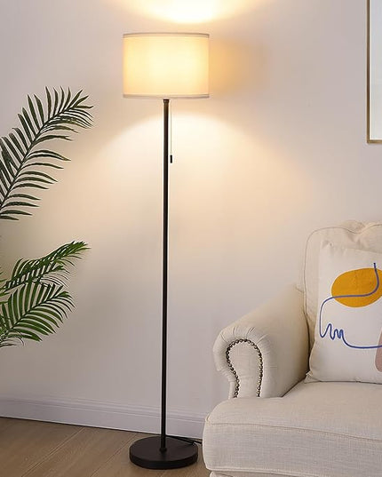 FOLKSMATE Floor Lamp for Living Room, Modern LED Simple Standing Lamps, Minimalist Tall Lamp for Bedroom, Living Room, Office, Kids Room, Reading Light, Black Pole Lamp with White Shade, without Bulb - LeafyLoom