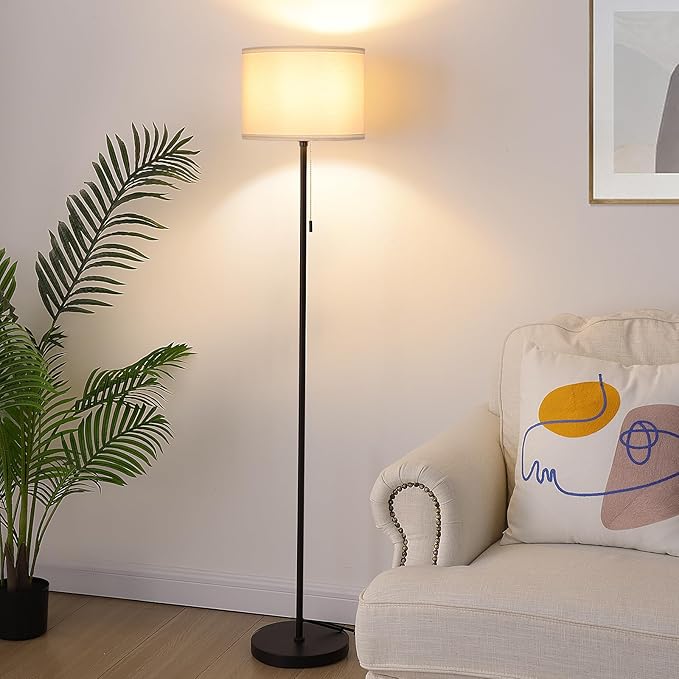 FOLKSMATE Floor Lamp for Living Room, Modern LED Simple Standing Lamps, Minimalist Tall Lamp for Bedroom, Living Room, Office, Kids Room, Reading Light, Black Pole Lamp with White Shade, without Bulb - LeafyLoom