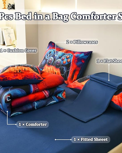 Game Console Full Comforter Set with Sheets, Microfiber 6 Pcs Bed in A Bag Full Size Gamer Bedding Set for Boys Kids Teens - LeafyLoom