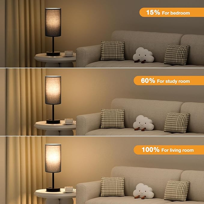 Touch Nightstand Lamp - Black, 3-Way Dimmable, USB A + C Charging, AC Outlet, 17.4inch Medium - LeafyLoom