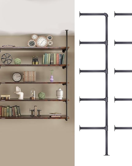 MUZIK Industrial Wall Mount Iron Pipe Shelf, DIY Open Farmhouse Bookshelf, Kitchen/Bathroom Floating Shelves, Pipe Shelves for Bedroom & Living Room (2 Pcs 5 Tier Hardware Only) - LeafyLoom