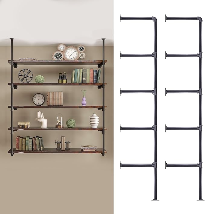 MUZIK Industrial Wall Mount Iron Pipe Shelf, DIY Open Farmhouse Bookshelf, Kitchen/Bathroom Floating Shelves, Pipe Shelves for Bedroom & Living Room (2 Pcs 5 Tier Hardware Only) - LeafyLoom