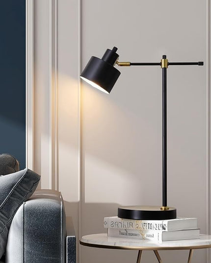 OYEARS Modern Industrial Desk Lamp for Reading LED 22.2“ Metal Table Lamp Light for Office Bedroom Study Room Living Room Nightstand Bedside Lamps Gold and Matte Black Accent (Black, Bulb Included) - LeafyLoom