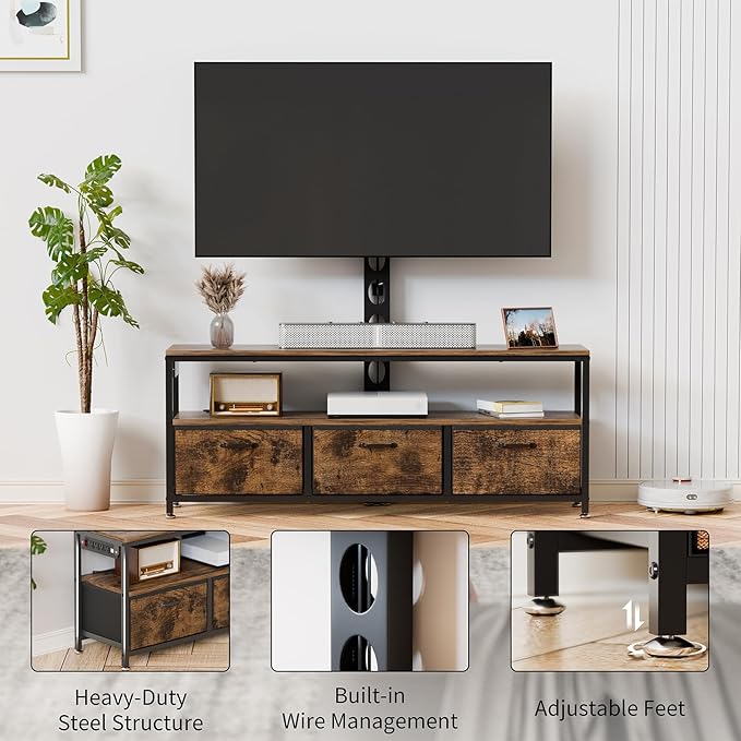JUSTOGO TV Stand with Mount and Power Outlet, TV Stand with Drawers Storage for Living Room Bedroom, LED Entertainment Center for 45/55/60/65 inch TVs, Height Adjustable Media Console, Rustic - LeafyLoom