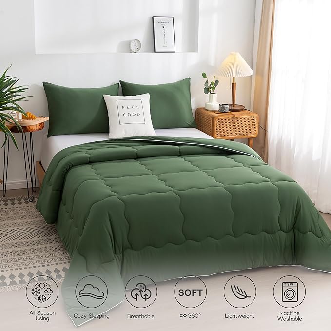 COTTEBED 3 Pieces Softness Comforter Set KING Size Bed, California Cal King Jersey Knit T-Shirt Feel Ultra-Soft Comy Lightweight 1 Bedding Quilt Blanket Conforter & 2 Pillowsham All Season Olive Green - LeafyLoom