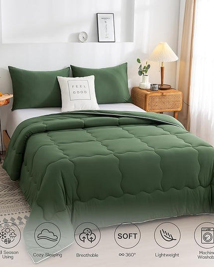 COTTEBED 3PCS Olive Green Comforter Set Queen Size - Jersey Knit T-Shirt Feeling Ultra-Soft Cute Cozy Lightweight Bedding Blanket Quilt Down Set & Pillowcase for All Season Use, Full Queen 88x92 inch - LeafyLoom