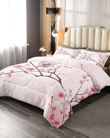 Erosebridal Cherry Blossoms Comforter Set Queen, Girl Pink Floral Down Comforter, Japanese Spring Bedding Set, Pale Pink Blossom Petal Quilted Duvet, Branch Floral Duvet Set for Women,Girly Romantic - LeafyLoom
