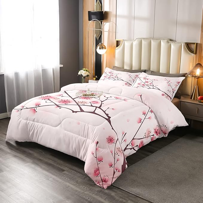 Erosebridal Cherry Blossoms Comforter Set Twin, Girl Pink Floral Down Comforter, Japanese Spring Bedding Set, Pale Pink Blossom Petal Quilted Duvet, Branch Floral Duvet Set for Women,Girly Romantic - LeafyLoom