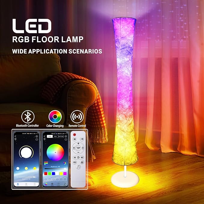 Floor Lamp, RGB Color Changing, Smart Control Music Sync with Fabric Shade, Standing Lamp for Living Room Bedroom Game Room, 62 inch - LeafyLoom