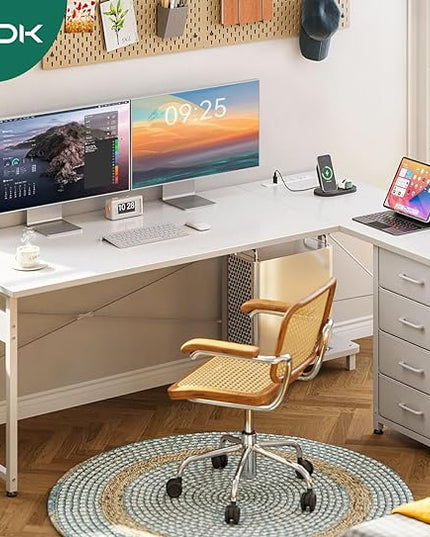 AODK L Shaped Desk with 4 Tier Drawers, 61" Reversible Gaming Desk with Power Outlets, L Shaped Computer Desk with USB Charging Port and Host Stand, Home Office Corner Desk, Easy to Assemble, White - LeafyLoom