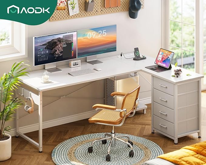 AODK L Shaped Desk with 4 Tier Drawers, 61" Reversible Gaming Desk with Power Outlets, L Shaped Computer Desk with USB Charging Port and Host Stand, Home Office Corner Desk, Easy to Assemble, White - LeafyLoom