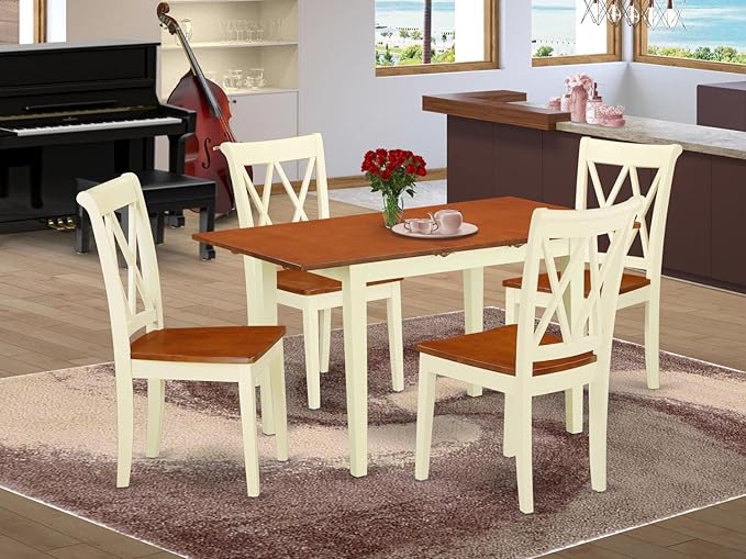 East West Furniture NOCL5-BMK-W 5 Piece Dinette Set for 4 Includes a Rectangle Dining Room Table with Butterfly Leaf and 4 Dining Chairs, 32x54 Inch, Buttermilk & Cherry - LeafyLoom