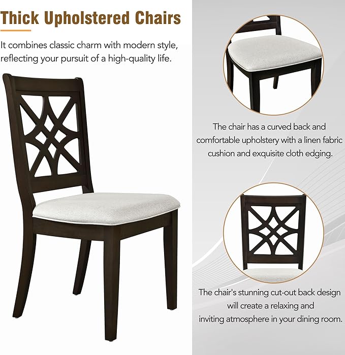 Classic Style Extendable X-Shape Legs, Console w/Double 8.8" Wide Flip Lids and Upholstered 4 Chairs, Rubber Wood, Room, Kitchen, Beige, 5 Piece Dining Table Set - LeafyLoom
