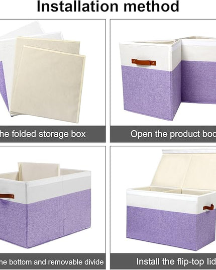 Large Toy Storage Box with Lid, Sturdy Toys Storage Chest Bin Organizer Basket with Dividers for Kids, Boys, Girls, Nursery, Closet, Bedroom, Playroom 25"x13" x16" (Purple and White) - LeafyLoom
