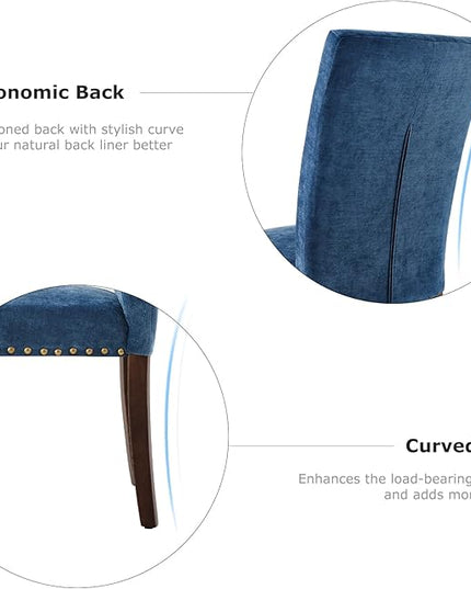 COLAMY Upholstered Parsons Dining Chairs Set of 4, Fabric Dining Room Kitchen Side Chair with Nailhead Trim and Wood Legs - Dark Blue - LeafyLoom