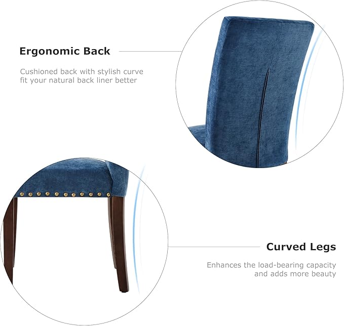 COLAMY Upholstered Parsons Dining Chairs Set of 4, Fabric Dining Room Kitchen Side Chair with Nailhead Trim and Wood Legs - Dark Blue - LeafyLoom