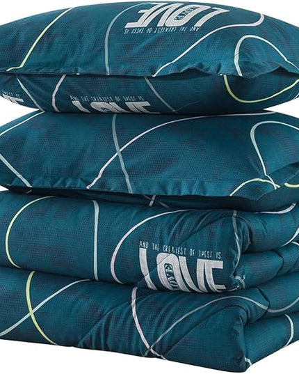 Blue Green Comforter Set Twin Size, 2 Pieces Modern Lines Pattern with Love, Soft Microfiber Bedding Comforter Set, Down Alternative Comforters for All Season (68 * 90’’) - LeafyLoom