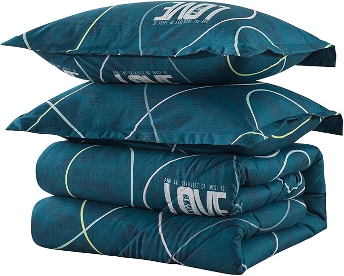 Blue Green Comforter Set King Size, 3 Pieces Modern Lines Pattern with Love, Soft Microfiber Bedding Comforter Set, Down Alternative Comforters for All Season (104 * 90’’) - LeafyLoom