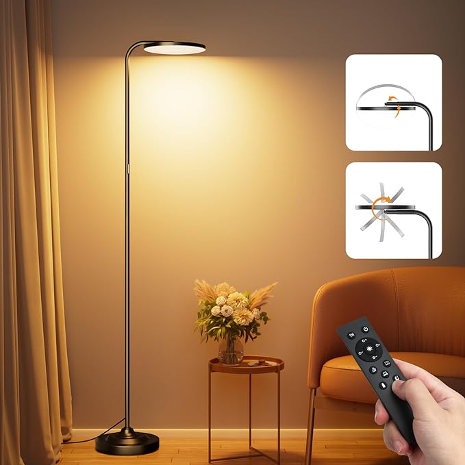 36W LED Floor Lamp, Super Bright Standing Lamp, Modern Stepless Dimmable Torchiere Tall Lamp with Remote Control, 350°Rotating Head Reading Floor Lamp for Living Room, Bedroom, Office - LeafyLoom