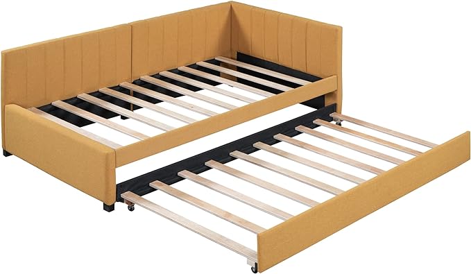 Merax Twin Size Daybed with Trundle, Linen Upholstered Sofa, Solid Wood Slats Support Wooden Day Bed Frame for Living Room, Apartment, Small Spaces, No Box Spring Needed, Yellow - LeafyLoom
