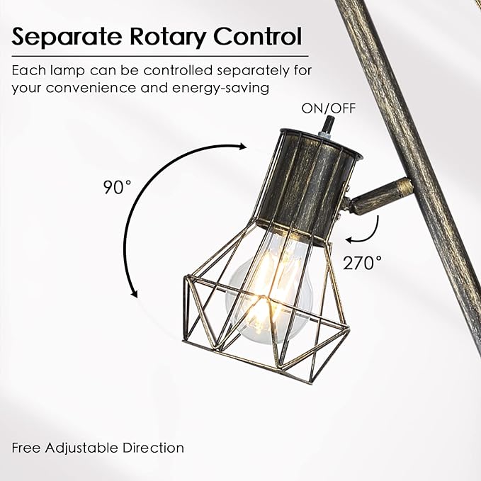 BoostArea Industrial Floor Lamp, Tree-Bronze Gold, 3 Diamond-Shaped Lamp Cages, 3pcs 6W LED Bulbs Included, Eco-Friendly, Reliable Quality, Easy Assembly, Match with Multiple Home Styles - LeafyLoom
