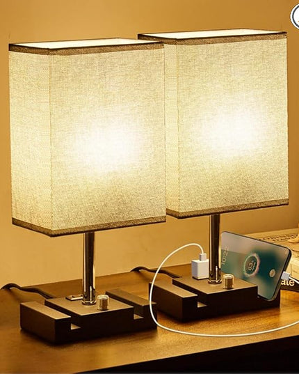Fully Dimmable Table lamp, Lamps with Two Phone Stands and AC Outlet, Bedside Lamp with Two LED Bulb for Bedroom, Living Room,Study(Set of 2) Light Grey - LeafyLoom