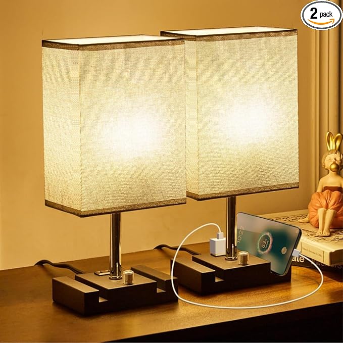 Fully Dimmable Table lamp, Lamps with Two Phone Stands and AC Outlet, Bedside Lamp with Two LED Bulb for Bedroom, Living Room,Study(Set of 2) Light Grey - LeafyLoom
