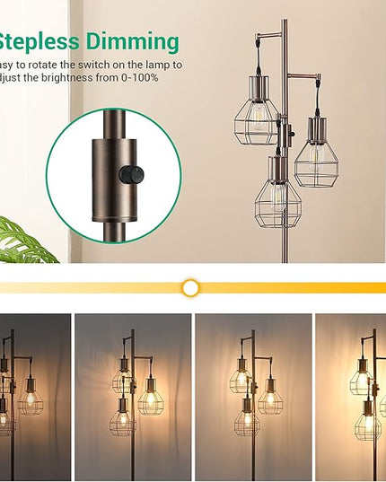 EDISHINE Dimmable Industrial Floor Lamp, Farmhouse Standing Lamp for Living Room, Bedroom, 3 LED Edsion Bulbs Included, Rotary Switch, 65in Rustic Tree Reading Lamps for Study Room, Office - Brown - LeafyLoom