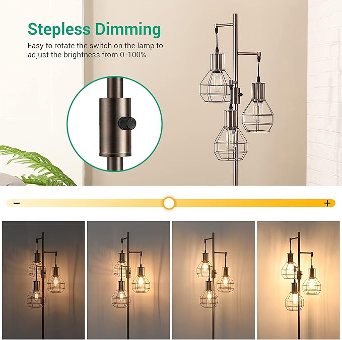 EDISHINE Dimmable Industrial Floor Lamp, Farmhouse Standing Lamp for Living Room, Bedroom, 3 LED Edsion Bulbs Included, Rotary Switch, 65in Rustic Tree Reading Lamps for Study Room, Office - Brown - LeafyLoom