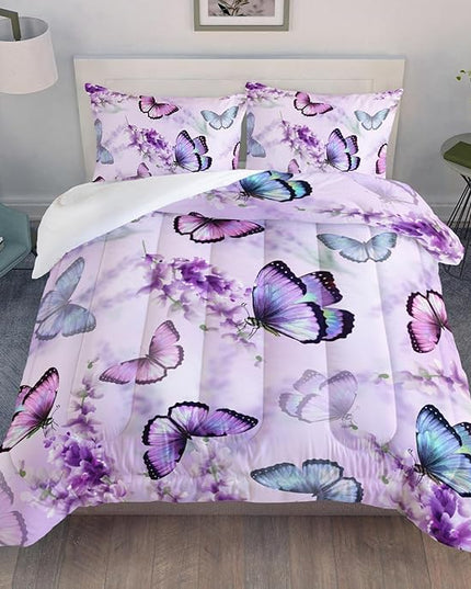 Purple Lavender Butterfly Comforter Set for Girl Kid Adult Colorful Butterfly Pattern Bedding Set Aesthetics Butterflies Quilt Bed Set Twin Size with 1 Comforter and 2 Pillowcases - LeafyLoom