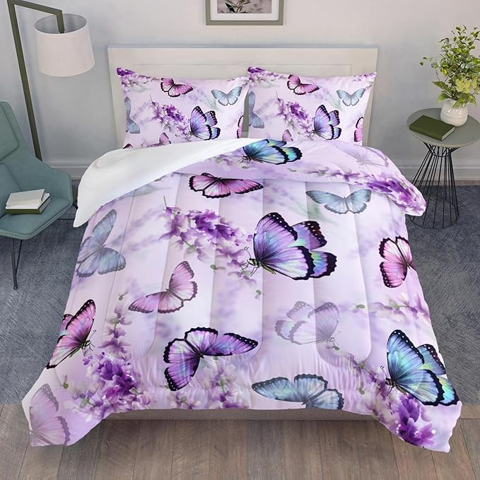 Purple Lavender Butterfly Comforter Set for Girl Kid Adult Colorful Butterfly Pattern Bedding Set Aesthetics Butterflies Quilt Bed Set Twin Size with 1 Comforter and 2 Pillowcases - LeafyLoom