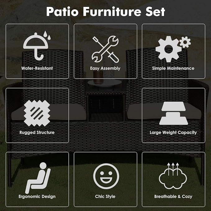 LUARANE Outdoor Rattan Sofas, Contract Patio Conversation Set Wicker Sofa Set with Built-in Coffee Table, Patio Furniture Set with Cushions, Rattan Loveseat for Lawn Backyard Garden (Brown+Beige) - LeafyLoom