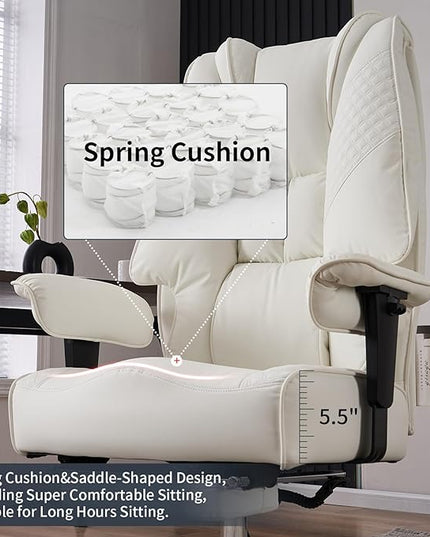 Big and Tall Office Chair 400lbs Wide Seat, Leather High Back Executive Office Chair with Foot Rest, Ergonomic Office Chair Lumbar Support for Lower Back Pain Relief (White) - LeafyLoom