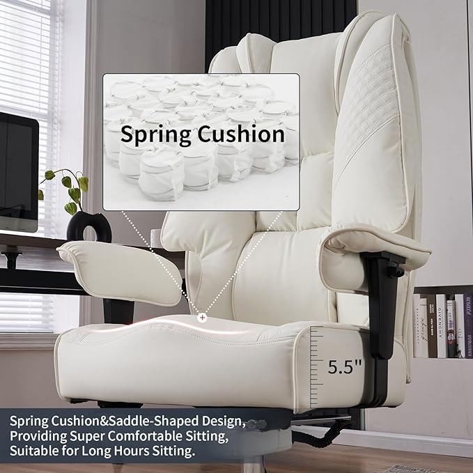 Big and Tall Office Chair 400lbs Wide Seat, Leather High Back Executive Office Chair with Foot Rest, Ergonomic Office Chair Lumbar Support for Lower Back Pain Relief (White) - LeafyLoom