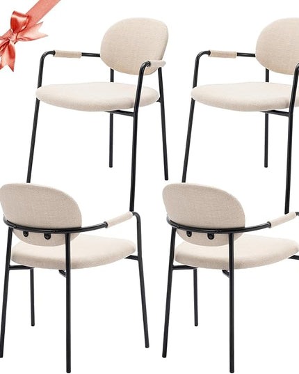 COLAMY Boucle Dining Chairs Set of 4, Fabric Dining Chairs Set of 4 with Arms, Upholstered Dining Armchairs with Back for Kitchen,Dining Room, Beige - LeafyLoom