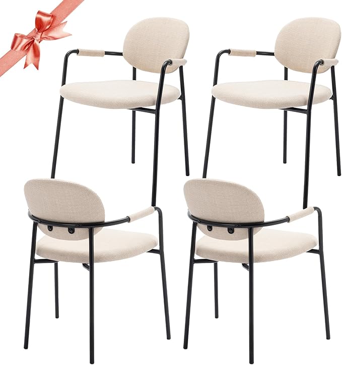 COLAMY Boucle Dining Chairs Set of 4, Fabric Dining Chairs Set of 4 with Arms, Upholstered Dining Armchairs with Back for Kitchen,Dining Room, Beige - LeafyLoom