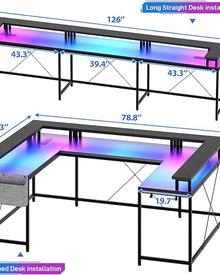 U Shaped Computer Gaming Desk, Reversible L Shaped Desk with Power Outlets, LED Strip & Monitor Stand, Large Corner Desk with Storage Shelves for Home Office, Black - LeafyLoom