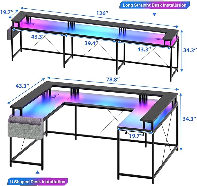 U Shaped Computer Gaming Desk, Reversible L Shaped Desk with Power Outlets, LED Strip & Monitor Stand, Large Corner Desk with Storage Shelves for Home Office, Black - LeafyLoom