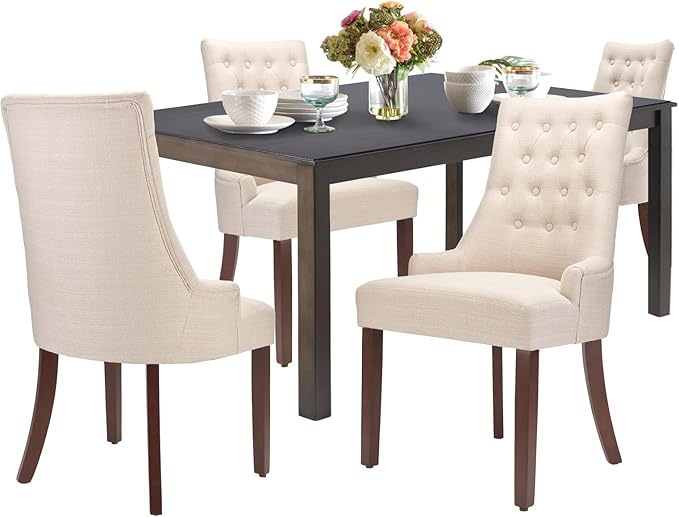 COLAMY 5-Piece Dining Table Set for 4, 60" Kitchen Wood Table with 4 Wingback Dining Room Chairs, Brown/Beige - LeafyLoom