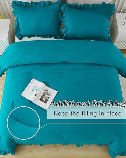 Andency Turquoise King Comforter Set(104x90Inch), 3 Pieces(1 Ruffle Comforter and 2 Pillowcases) Lightweight and Fluffy Bedding Comforter Set, All Season Soft Microfiber Shabby Chic Bedding Set - LeafyLoom