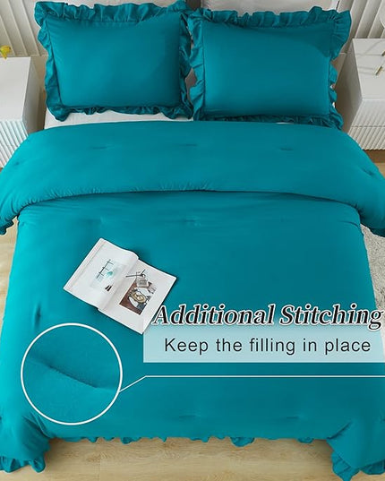 Andency Turquoise Queen Comforter Set(90x90Inch), 3 Pieces(1 Ruffle Comforter and 2 Pillowcases) Solid All Season Comforter Sets for Queen Bed, Lightweight and Fluffy Soft Microfiber Bedding Set - LeafyLoom