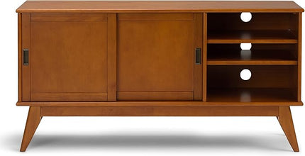SIMPLIHOME Draper SOLID HARDWOOD 60 Inch Wide Mid Century Modern TV Media Stand in Teak Brown For TVs up to 65 Inches, For the Living Room and Entertainment Center - LeafyLoom