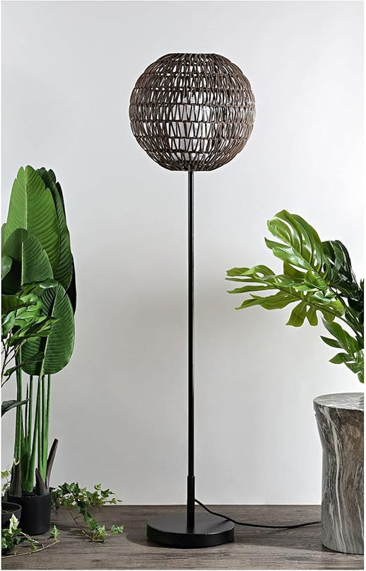 JONATHAN Y JYL6507A Bea 61" Outdoor Woven Globe LED Floor Lamp, Bohemian, Transitional, Scandinavian, Modern, Contemporary, Modern, Office, Bedroom, Living Room, Family Room, Dining Room, Coffee/Black - LeafyLoom