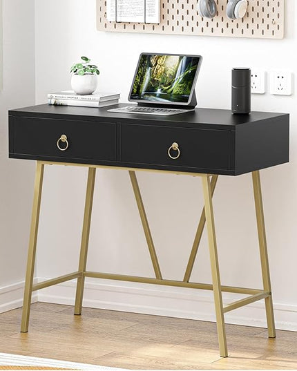 Anmytek Home Office Desk Black Writing Desk with 2 Drawers Modern & Simple Makeup Vanity Study Table Small Computer Desk, D0007 - LeafyLoom