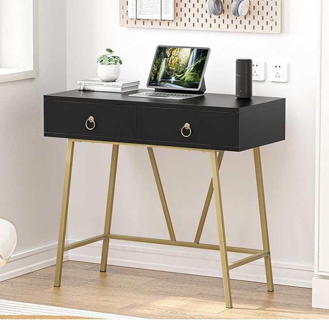 Anmytek Home Office Desk Black Writing Desk with 2 Drawers Modern & Simple Makeup Vanity Study Table Small Computer Desk, D0007 - LeafyLoom