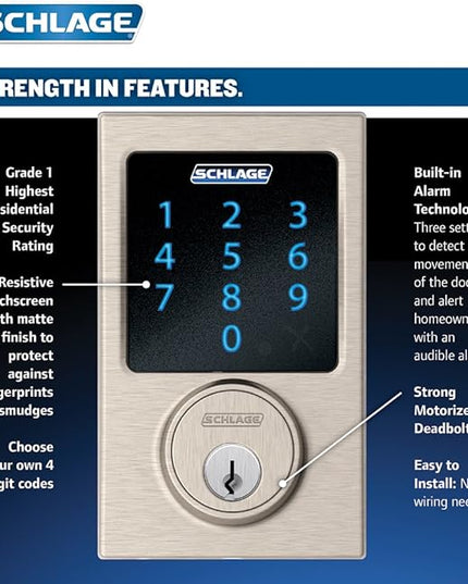 SCHLAGE Connect Century Touchscreen Deadbolt with Built-In Alarm and Handleset Grip with Latitude Lever, Satin Nickel, FE469NX LAT 619 CEN SchlageLockCompany