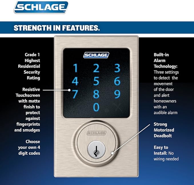 SCHLAGE Connect Century Touchscreen Deadbolt with Built-In Alarm and Handleset Grip with Latitude Lever, Satin Nickel, FE469NX LAT 619 CEN SchlageLockCompany