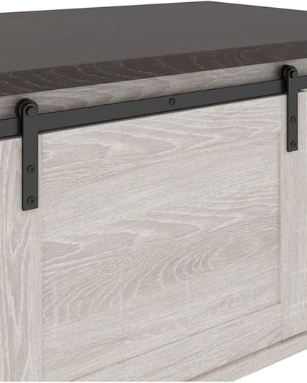 Signature Design by Ashley Dorrinson Farmhouse Coffee Table with Sliding Barn Doors, Antique White & Brown - LeafyLoom