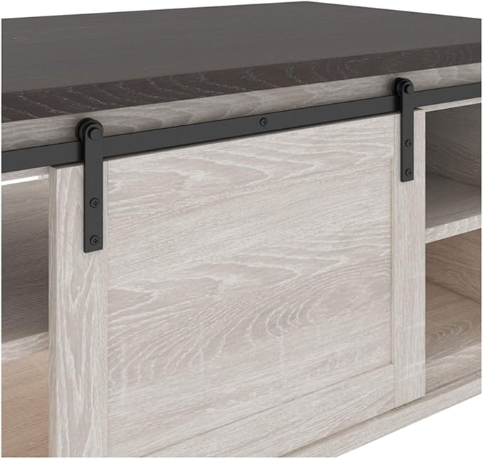 Signature Design by Ashley Dorrinson Farmhouse Coffee Table with Sliding Barn Doors, Antique White & Brown - LeafyLoom