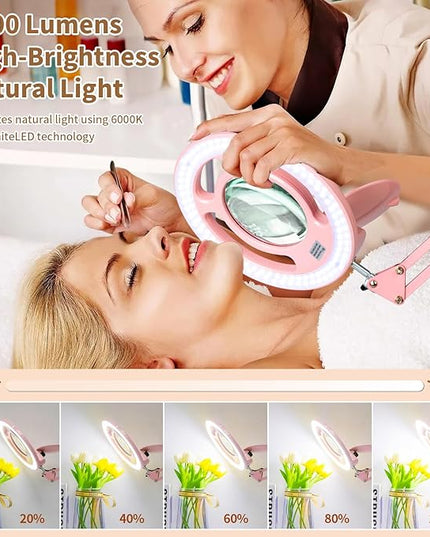 HITTI 2200 Lumens 10X Magnifying Glass with Light and Stand, 24W Super Bright Esthetician Light Magnifier, Stepless Dimmable Hands Free Magnfiying Lamp for Workbench Craft Painting Nail Hobby - Pink - LeafyLoom